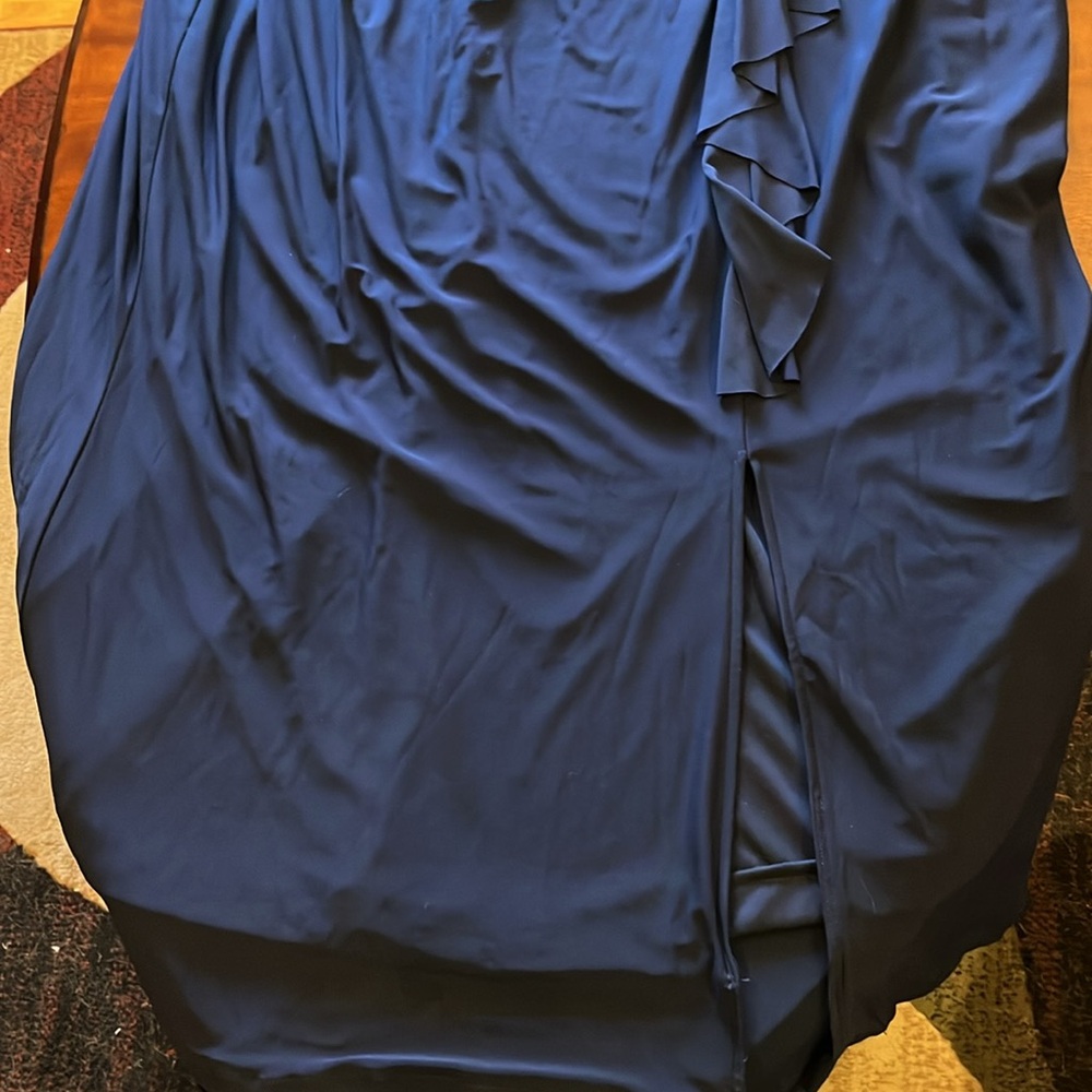 Marina evening formal dress. Cascade ruffle, lace sparkle bodice. Navy blue. 22 - Picture 9 of 16